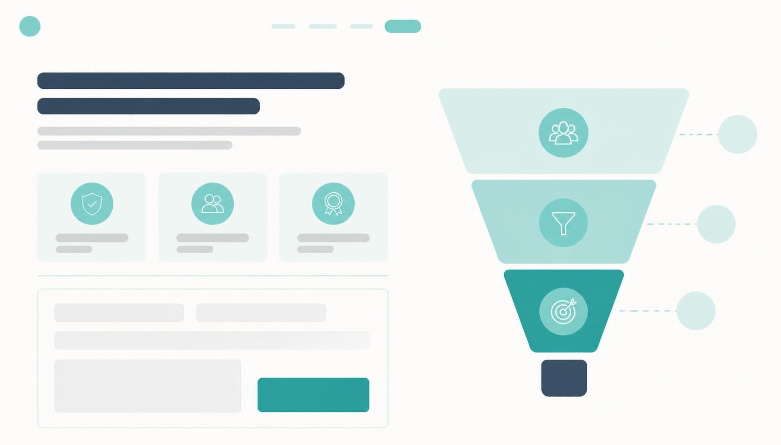 Illustratie van een B2B-dienstpagina met bewijsblokken en contactformulier naast een driestaps leadfunnel