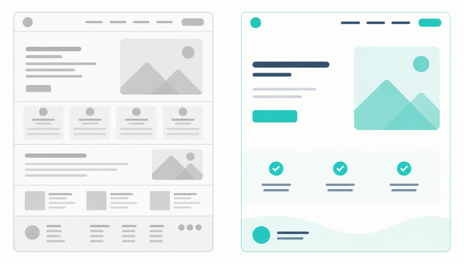 Twee landingspagina-wireframes naast elkaar: links een rommelige pagina, rechts een opgeruimde pagina met voordelen en een duidelijke knop