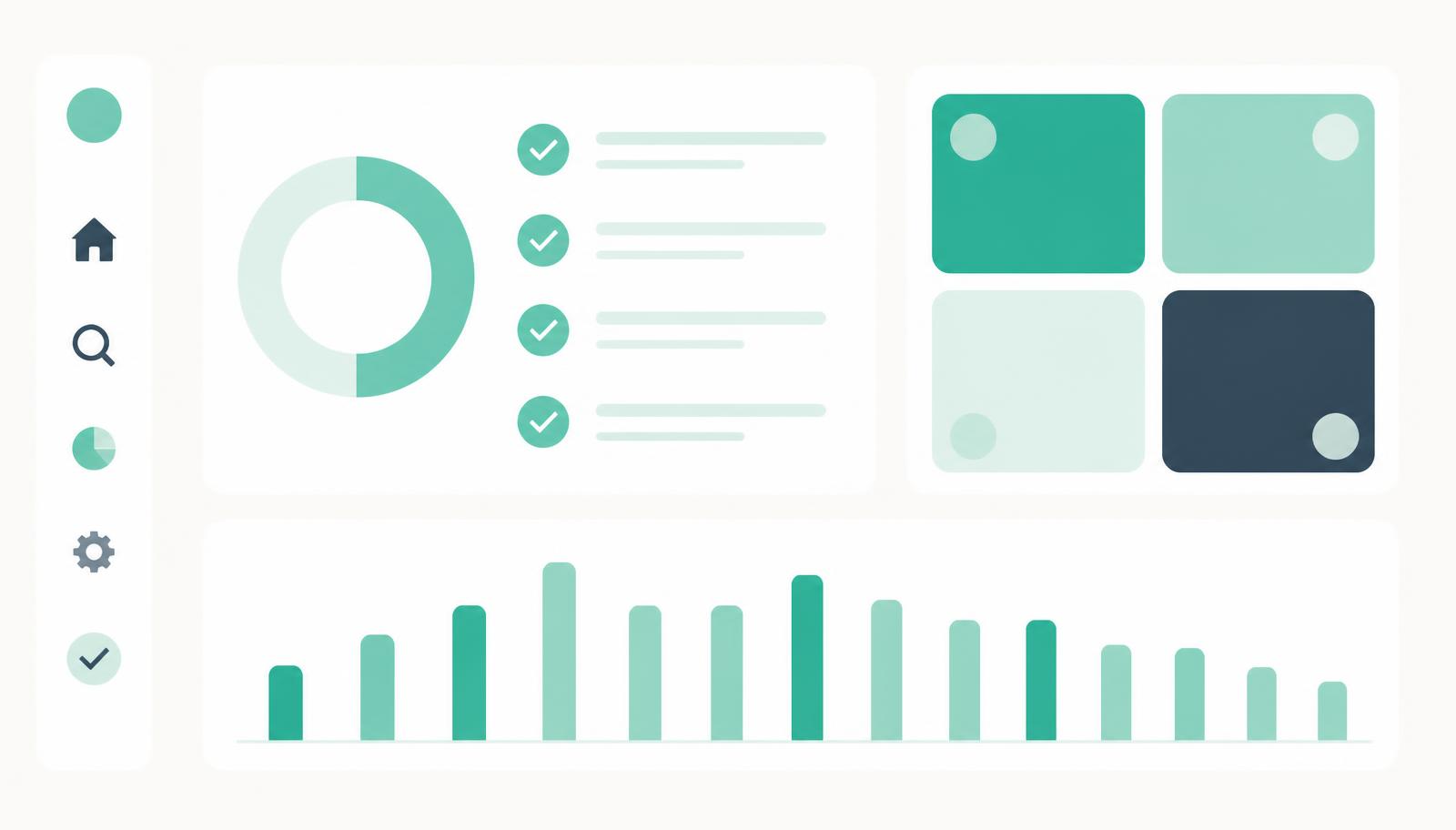 Illustratie van een SEO-dashboard met een checklist, een prioriteitenmatrix en een staafdiagram