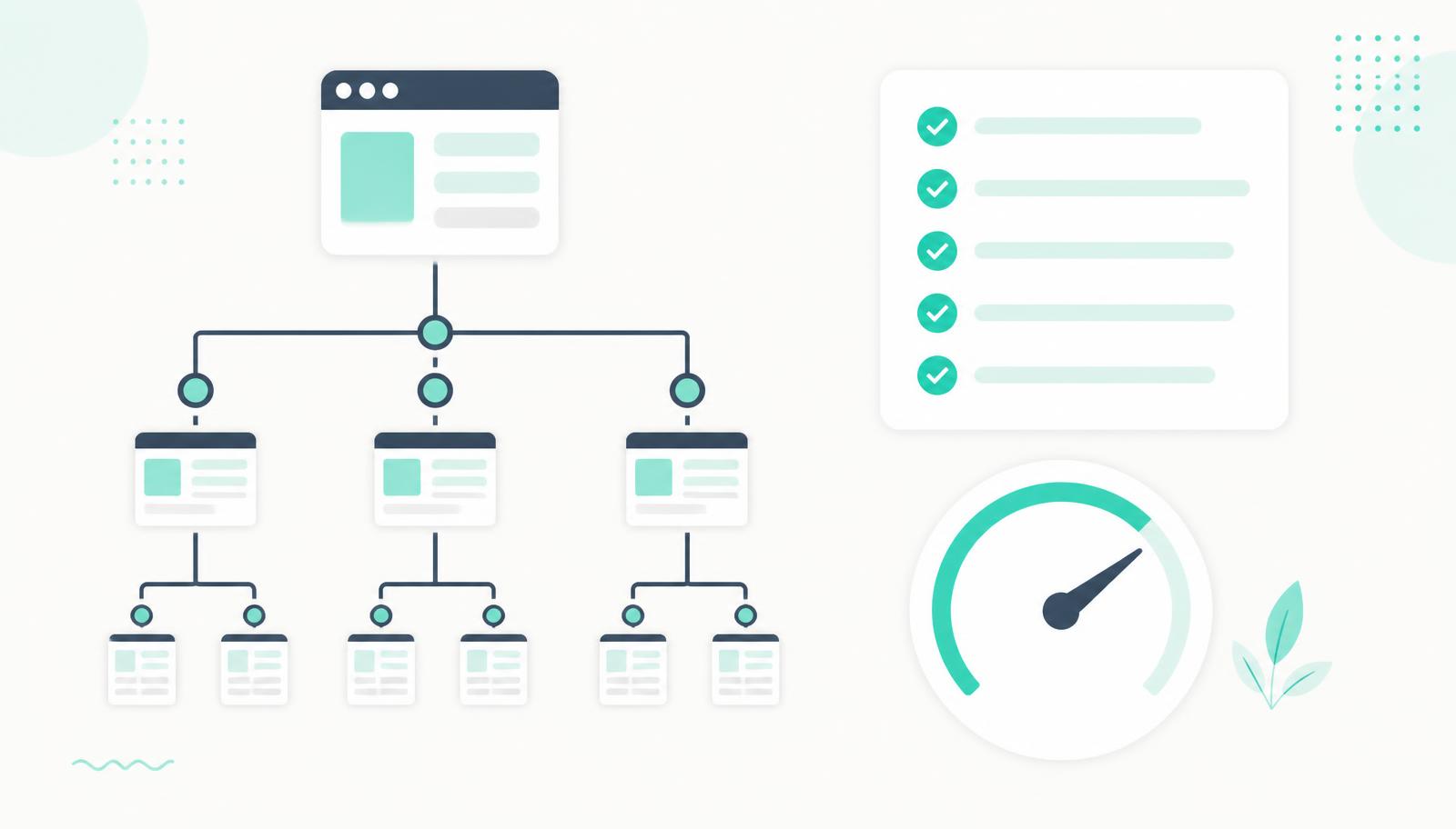 Illustratie van een sitestructuur als boomdiagram, een checklist met vinkjes en een snelheidsmeter
