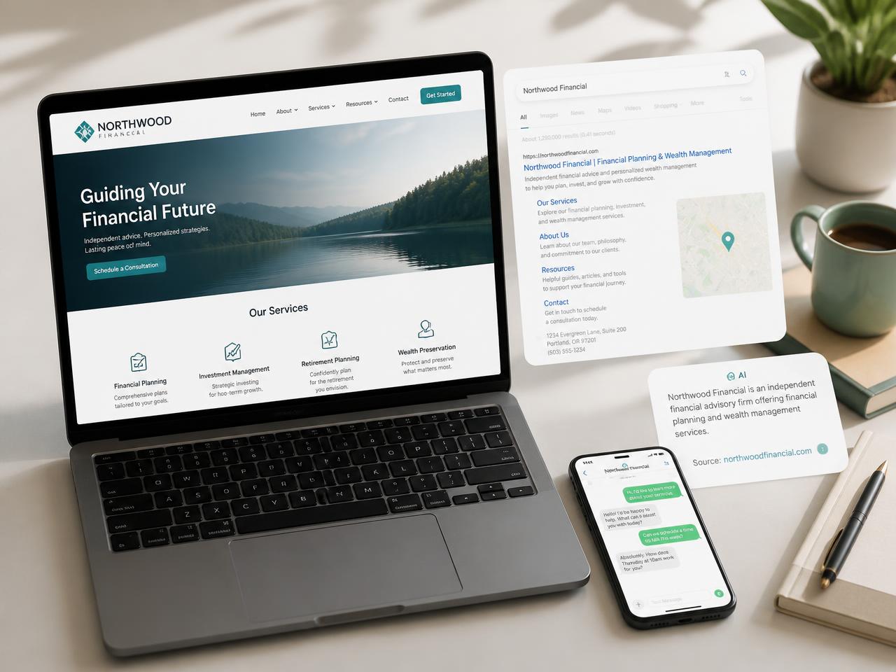 Laptop met een zakelijke website, een zoekresultaat en een telefoon met een contactgesprek