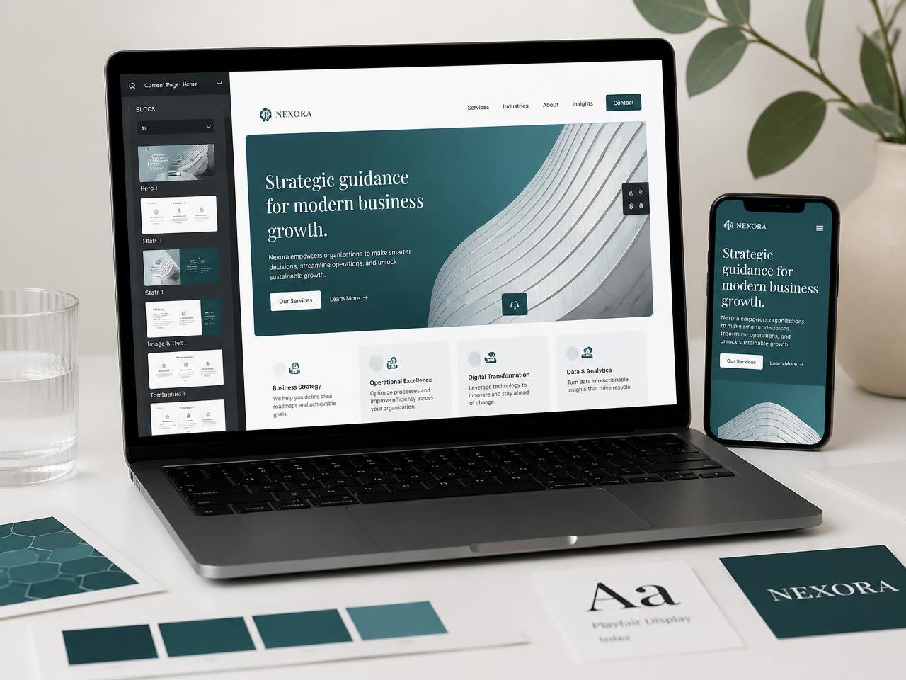 Laptop waarop een website wordt opgebouwd, met dezelfde website op een telefoon ernaast