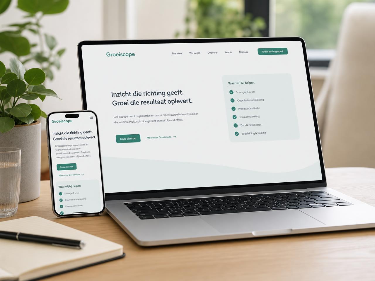 Laptop en telefoon met een Groeiscope-website en een checklist met groene vinkjes vlak voor livegang