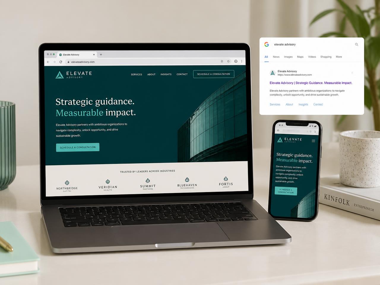 Afgeronde website live op een laptop en telefoon, met een zoekresultaat ernaast
