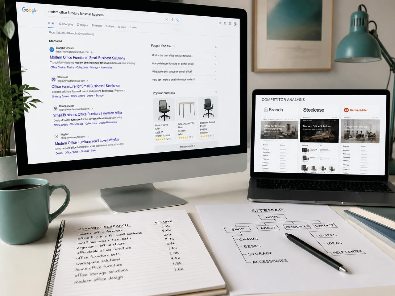 Scherm met zoekresultaten, vergelijkbare websites en handgeschreven notities met een sitemap